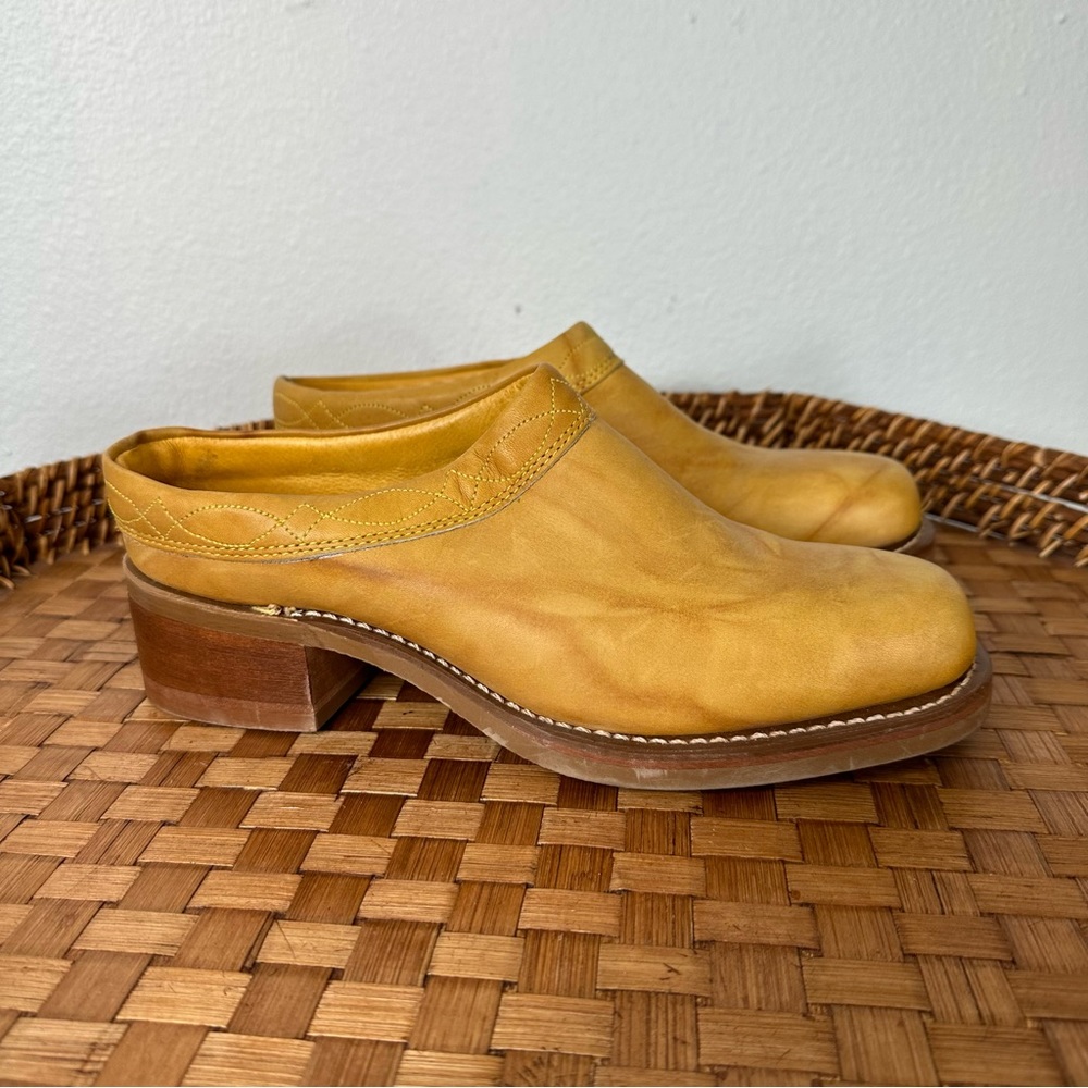 Frye leather mule clogs mustard square toe block heel western bohemian embroider